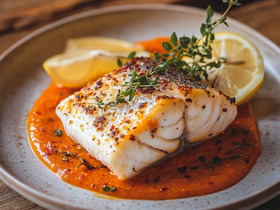 Филе белой рыбы с соусом из печёного перца