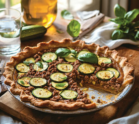 Летний пирог с кабачками, фаршем и базиликом