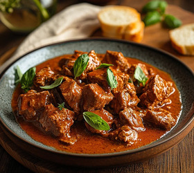 Бефстроганов с томатным соусом и базиликом