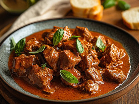 Бефстроганов с томатным соусом и базиликом