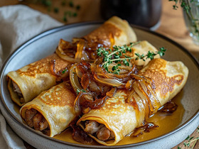 Блины с паштетом из куриной печени и карамелизированным луком